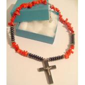 Silver Jesus Hematite Cross Pendant Semi precious Stone Beads Choker Necklace